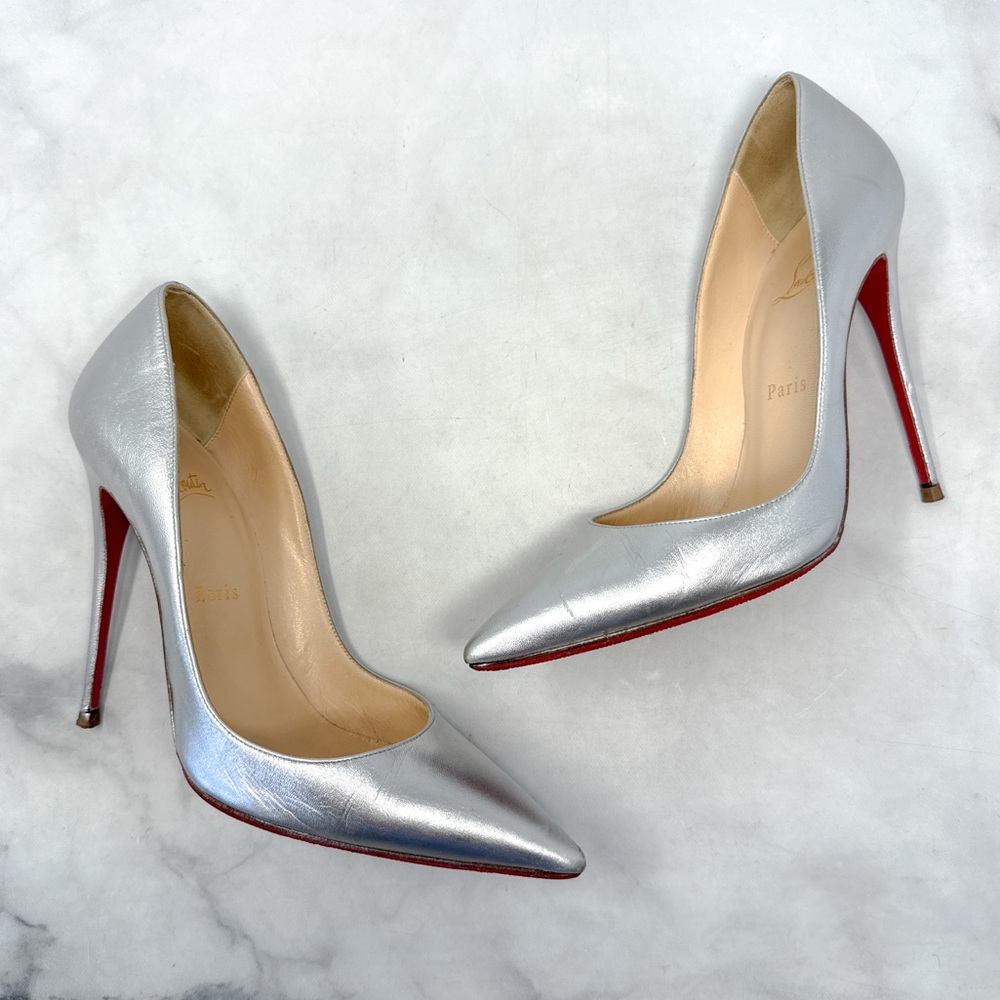 Christian Louboutin So Kate 120 Metallizzato Leather Pointed Toe Pump Heels 38.5